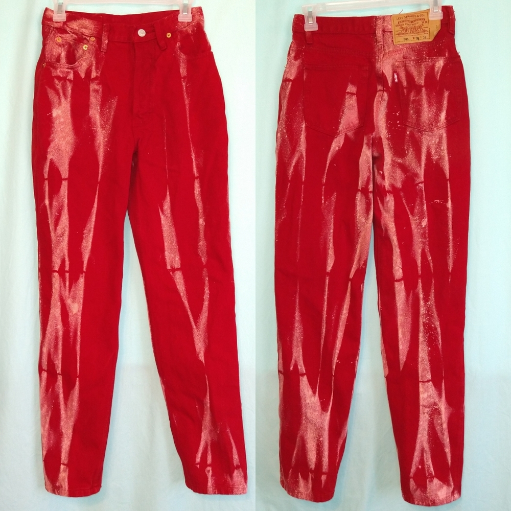 Levi's 501 button fly red colored denim tie-dye 9 Festival Rodeo Altered